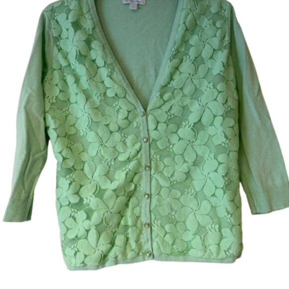 New YOrk & Co Mint Green V Neck Cardigan w/Lace Flowers - Large - Picture 3 of 7